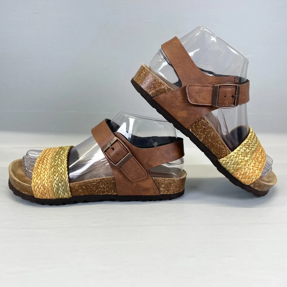 Nuovo Hawkins Wedge Sandals Womens Size M (US 7) Brown Leather Ankle Strap Shoes